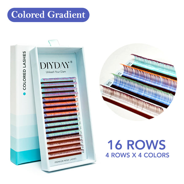 DIYDAY 16-Row Colorful Rainbow Spectrum Multicolor Individual Lashes-C/D-0.07mm-Colored Gradient