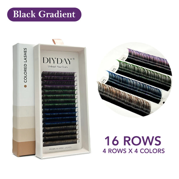 DIYDAY 16-Row Colorful Rainbow Spectrum Multicolor Individual Lashes-C/D-0.07mm-Black gradient
