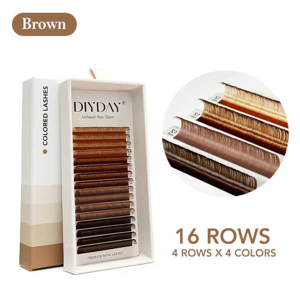 DIYDAY 16-Row Colorful Rainbow Spectrum Multicolor Individual Lashes-C/D-0.07mm-Brown