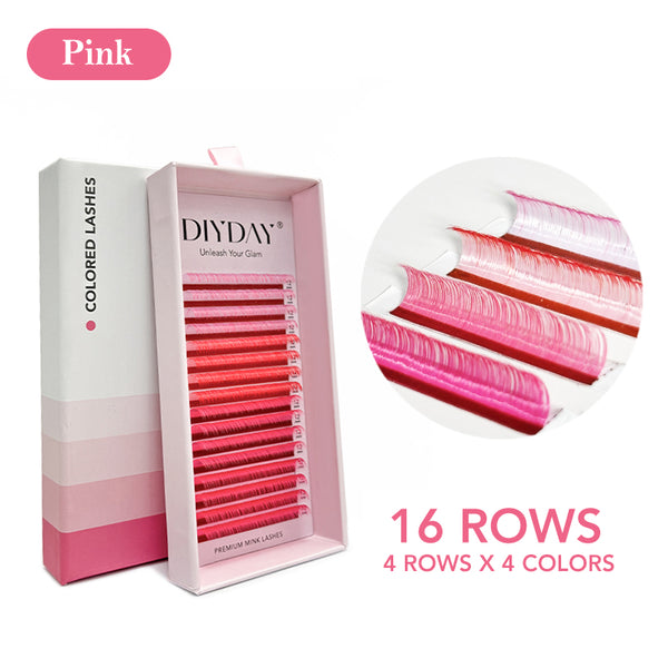 DIYDAY 16-Row Colorful Rainbow Spectrum Multicolor Individual Lashes-C/D-0.07mm-Pink