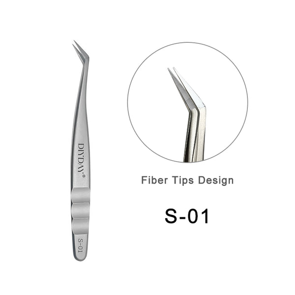 Pinzas para extensiones de pestañas con aislamiento de volumen y punta de fibra DIYDAY S-01